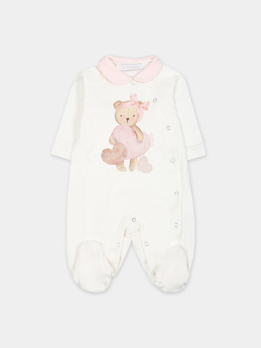 Tutina bianca per neonata con stampa orso e logo,Monnalisa,35B208 2004 0001