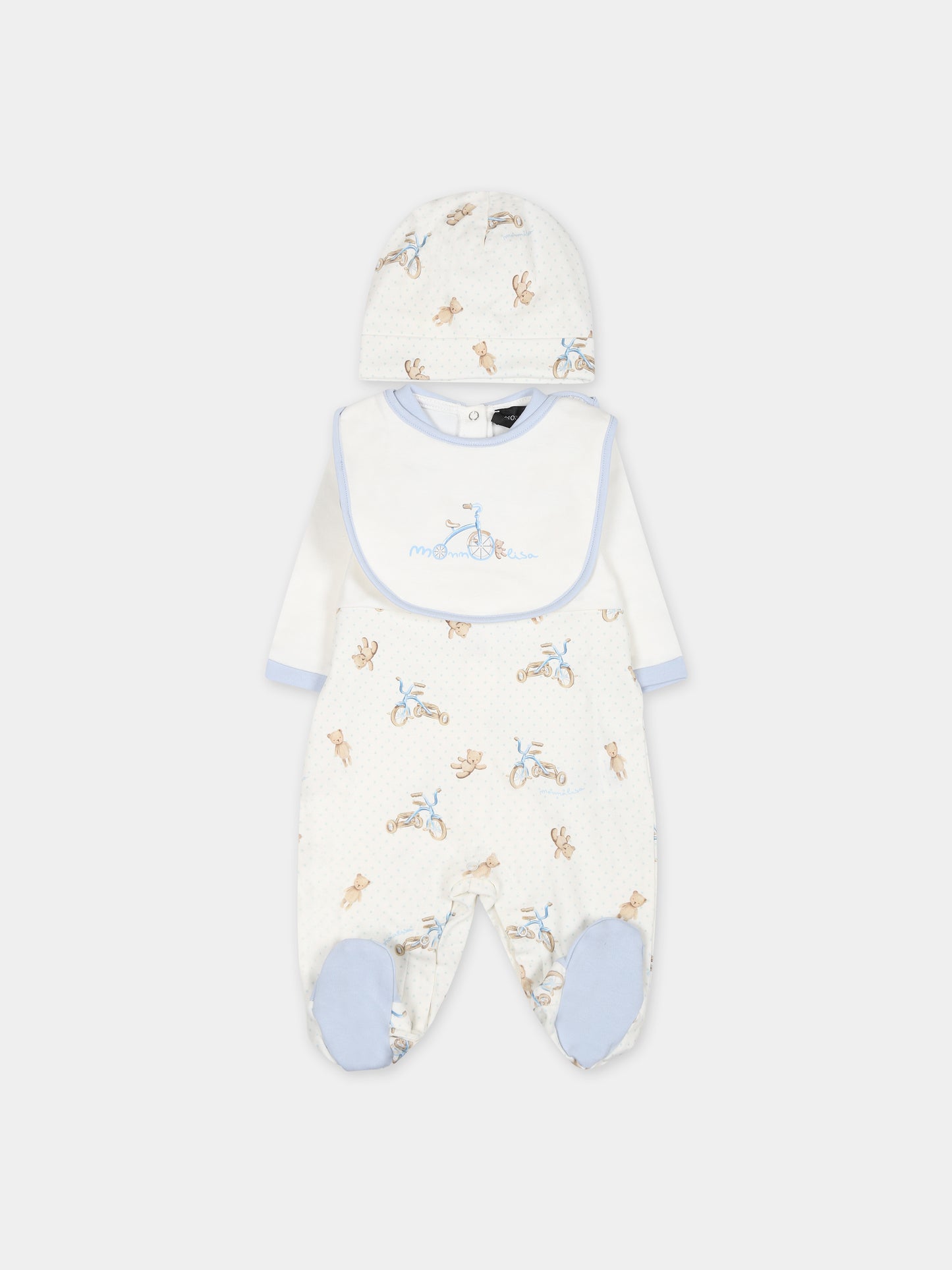 Set bianco per neonato con pois e stampa triciclo,Monnalisa,22B502 2049 0152