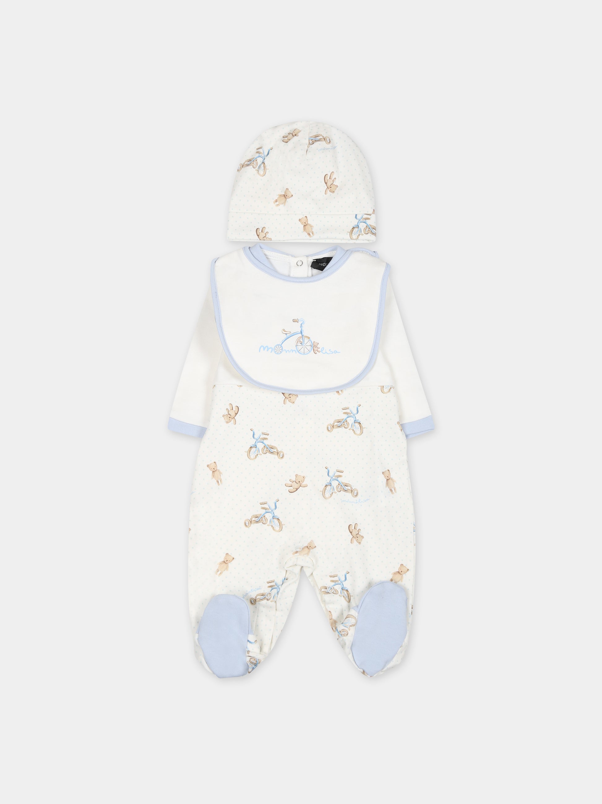 Set bianco per neonato con pois e stampa triciclo,Monnalisa,22B502 2049 0152