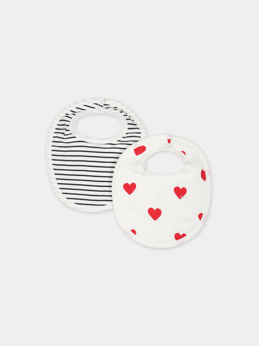 Set bavaglini bianco per neonata con cuori e righe,Petit Bateau,A08JC 03