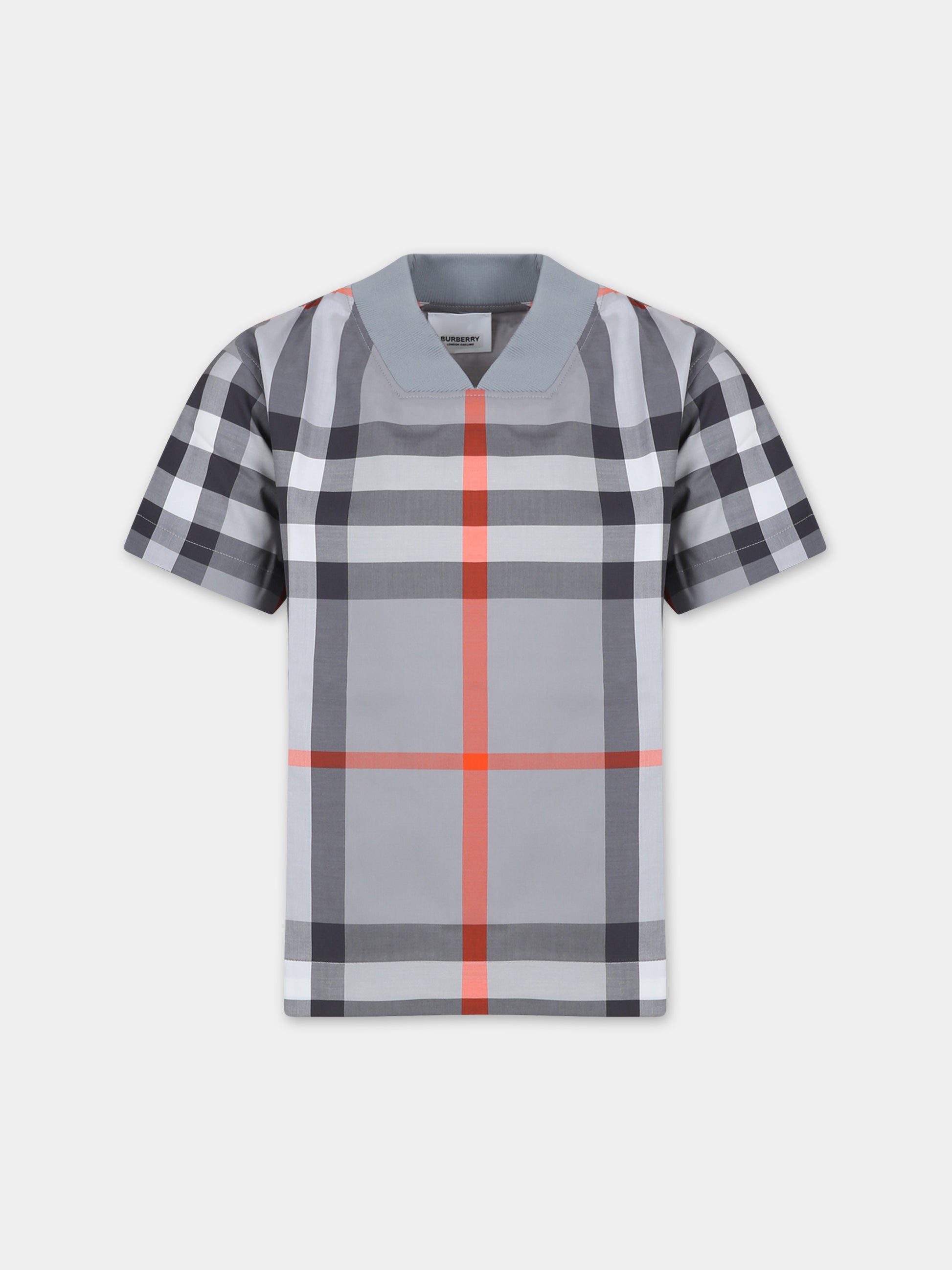 T-shirt a manica corta grigia per bambino con iconico check,Burberry Kids,8069330