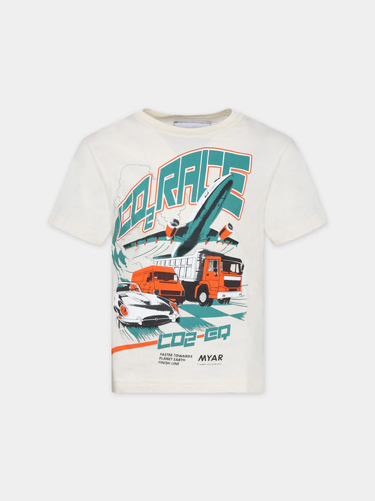 T-shirt avorio per bambini con stampa e logo,Myar,MY0102 MY079 MYT30U MY108