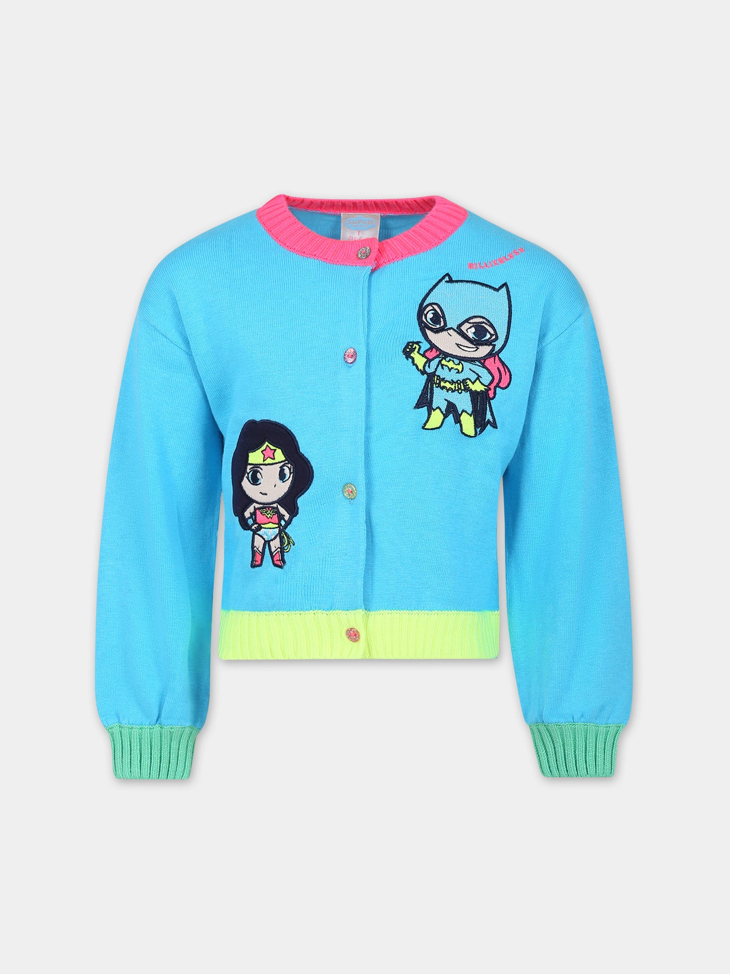 Cardigan azzurro per bambina con Wonder Woman e Batgirl,Billieblush,U20024 77S