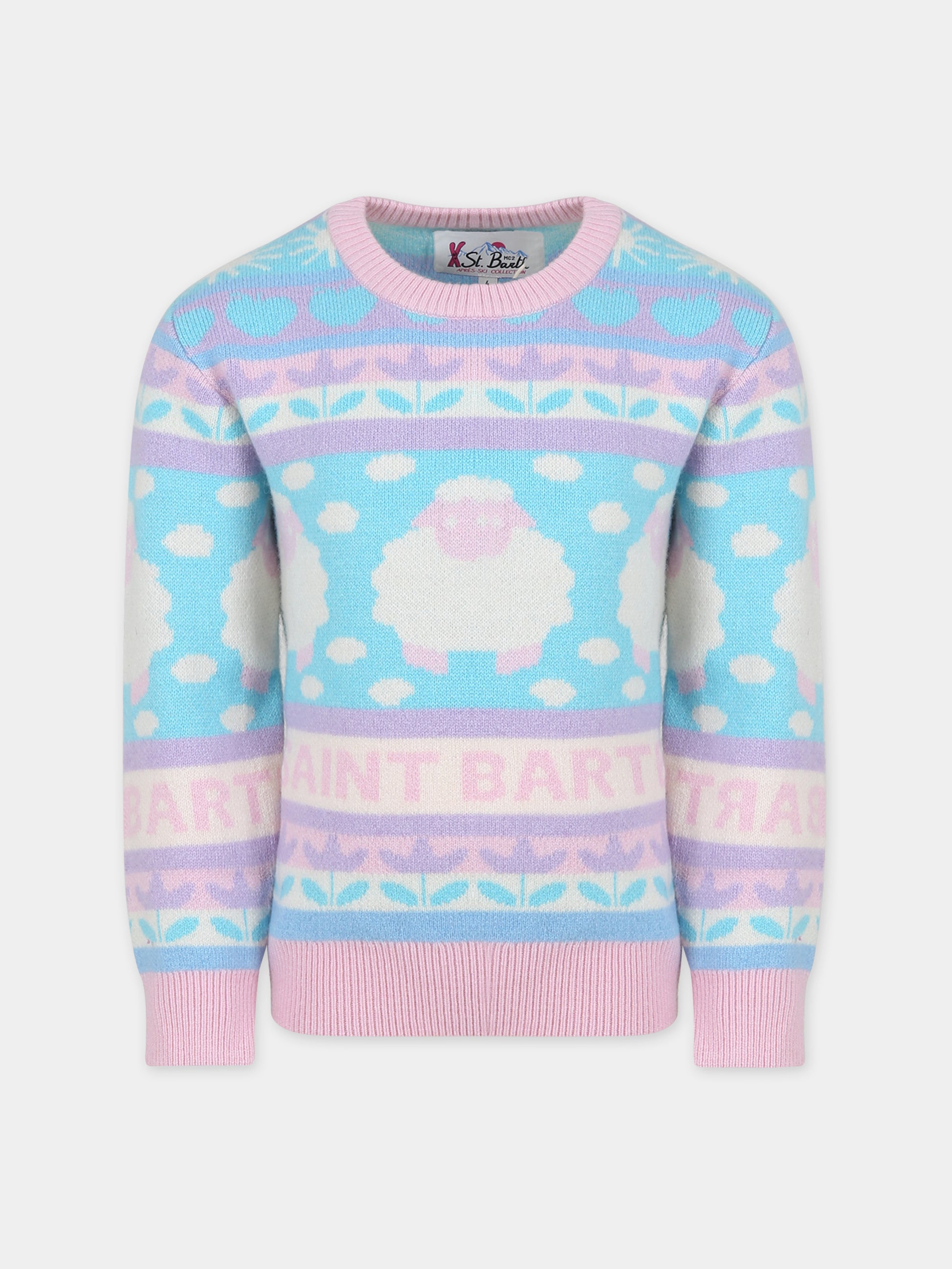 Maglione celeste per bambina con logo e motivo jacquard,Mc2 Saint Barth,PRINCESS P SHEEP NORDIC 2156