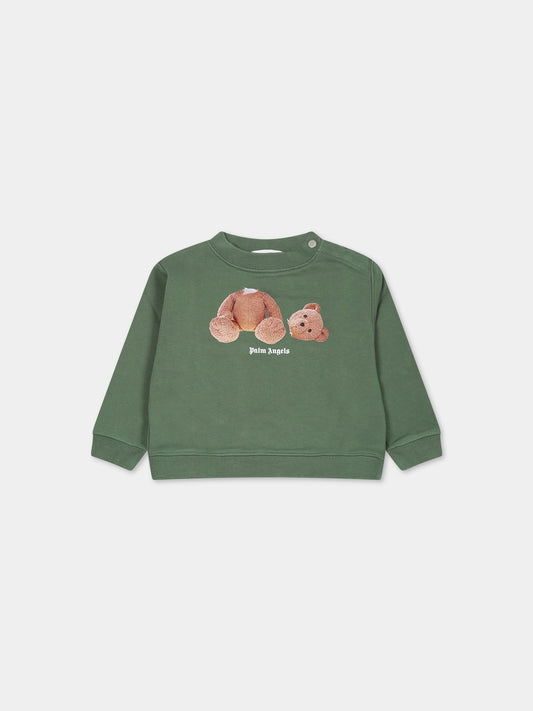 Felpa verde per neonato con orso e logo,Palm Angels,PBXC001F23FLE0025560