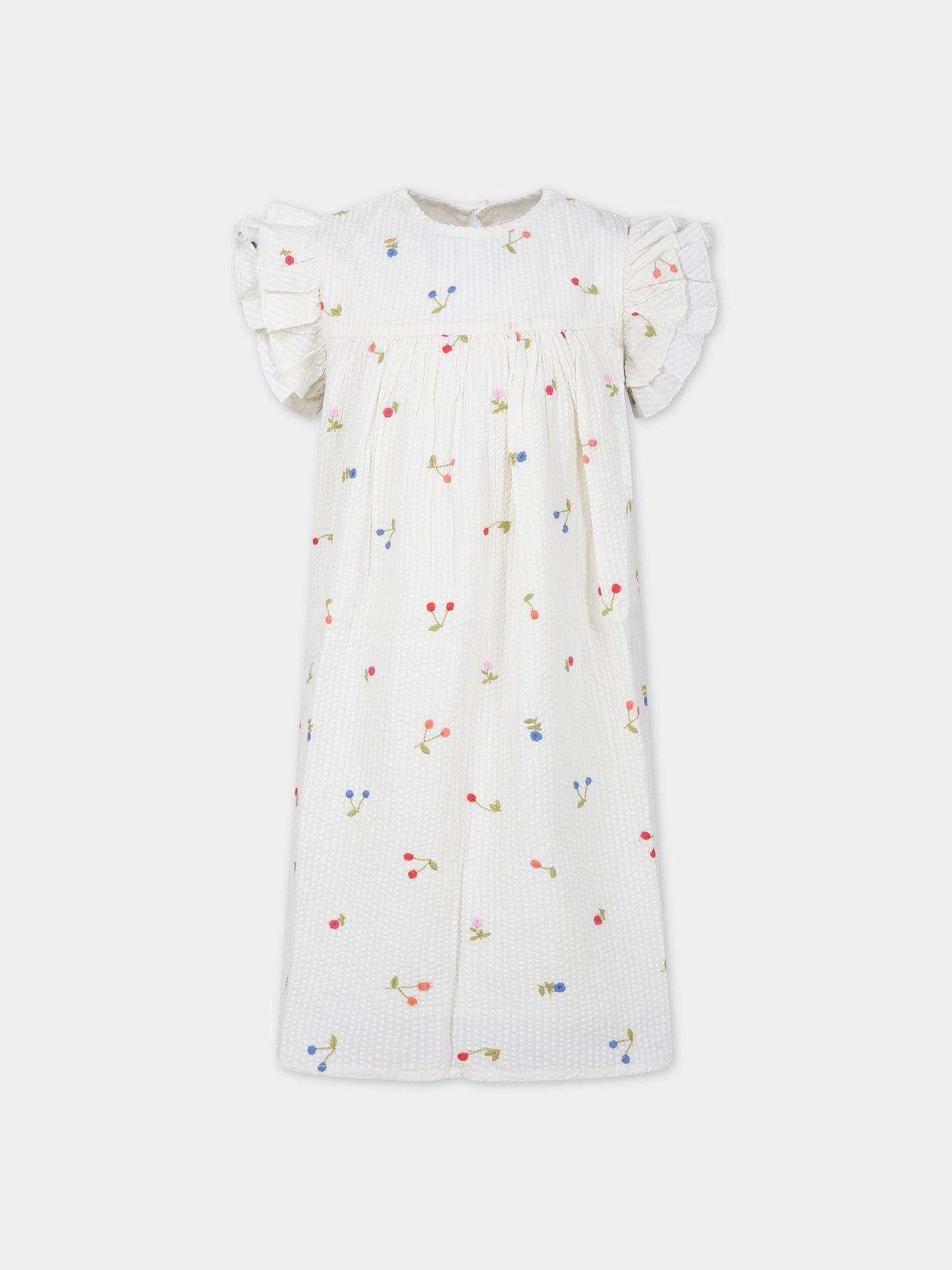 Vestito bianco per bambina con ricami ciliegie e fiori multicolor all-over,Bonpoint,C04GDRW00001 002