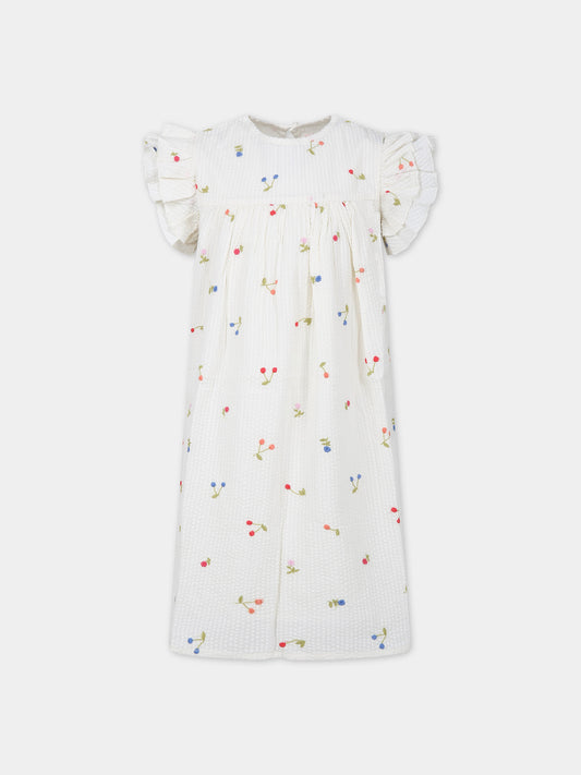 Vestito bianco per bambina con ricami ciliegie e fiori multicolor all-over,Bonpoint,C04GDRW00001 002