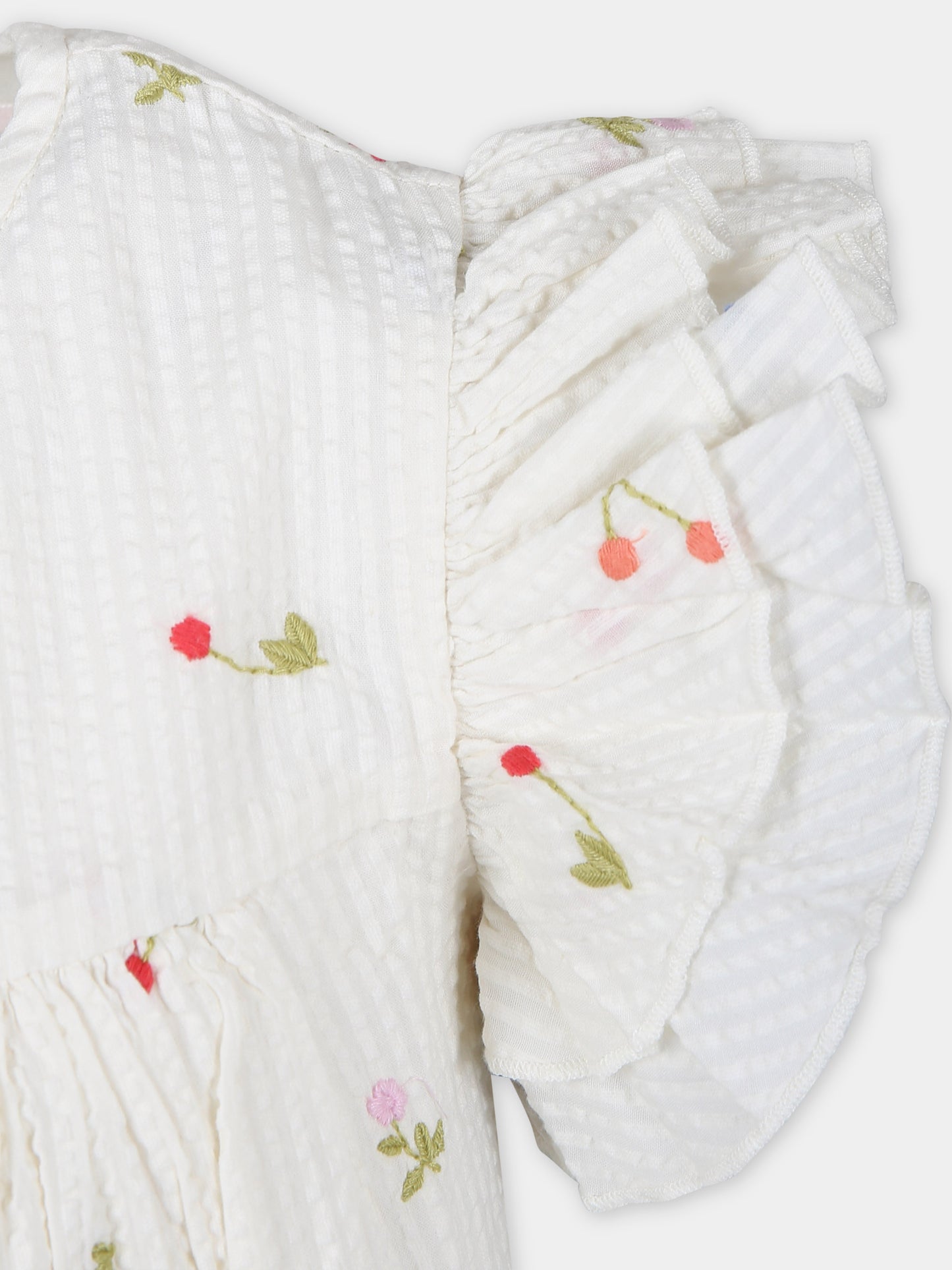 Vestito bianco per bambina con ricami ciliegie e fiori multicolor all-over,Bonpoint,C04GDRW00001 002