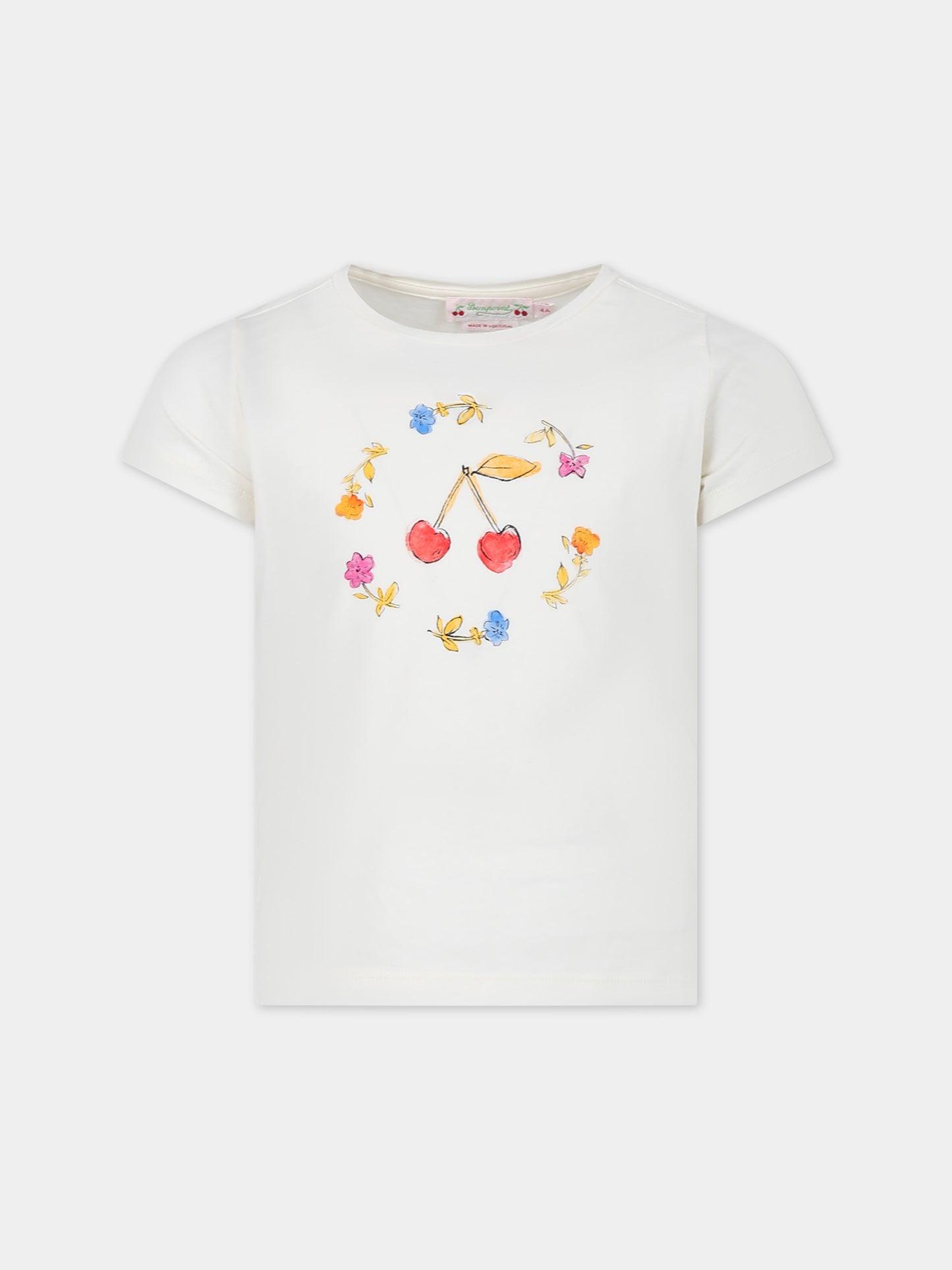 T-shirt avorio per bambina con stampa ciliegie e fiori,Bonpoint,C04GTSK00001 103