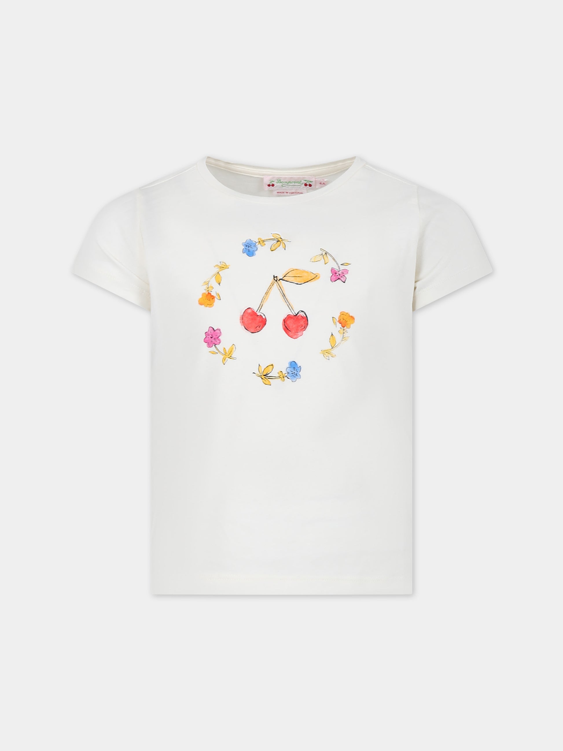 T-shirt avorio per bambina con stampa ciliegie e fiori,Bonpoint,C04GTSK00001 103