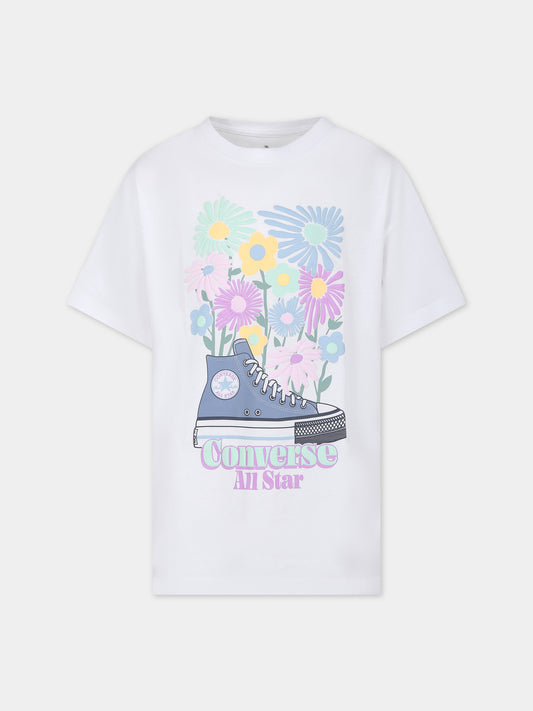 T-shirt bianca per bambina con stampa fiori e scarpa,Converse,4CF479 001