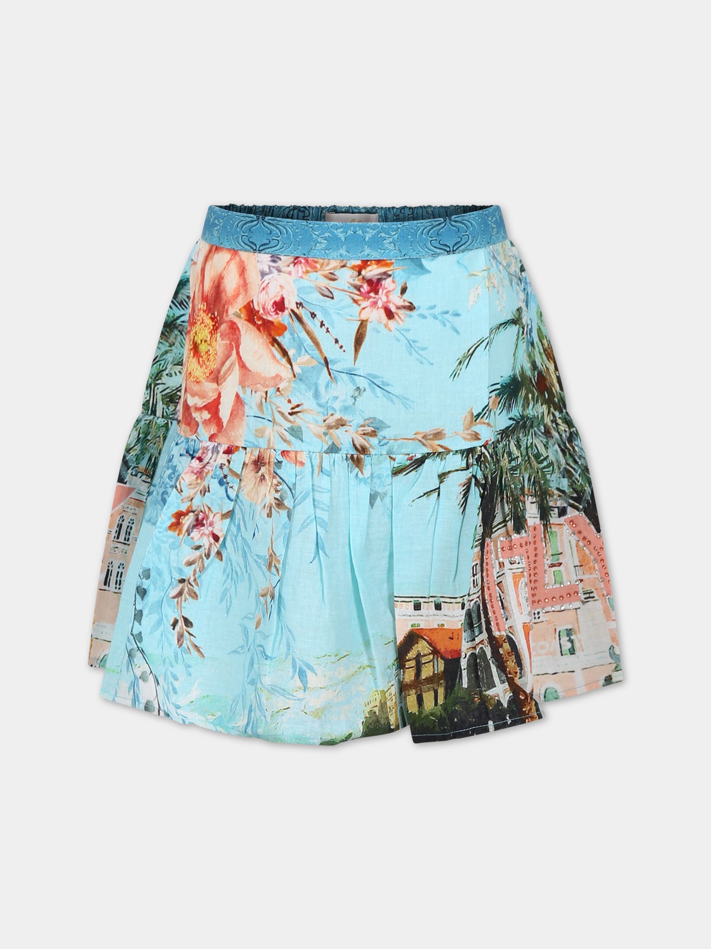 Gonna celeste per bambina con stampa floreale,Camilla,00026223 FROMSORR