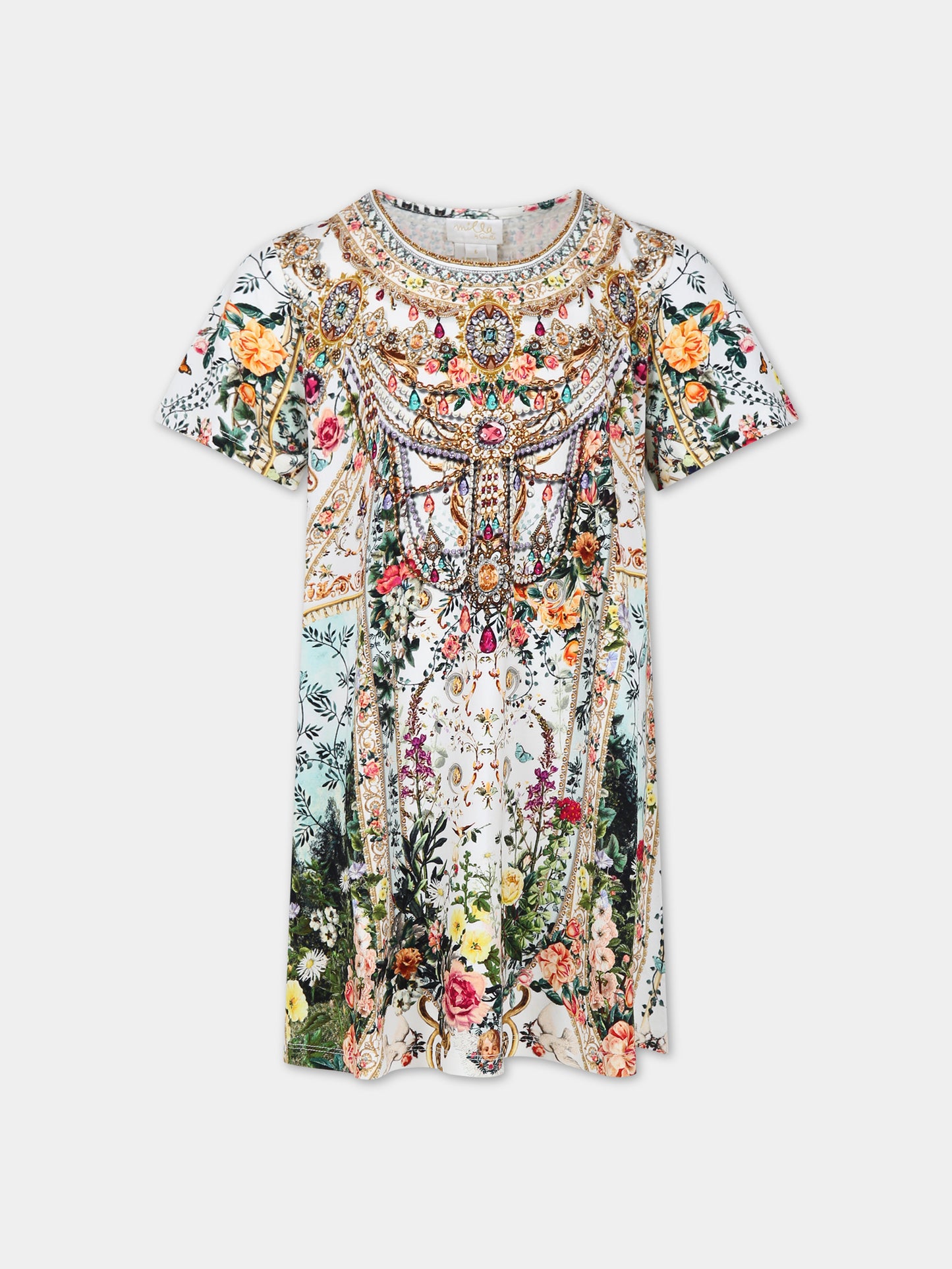 Vestito multicolor per bambina con stampa floreale e strass,Camilla,00024988 RENAROMA