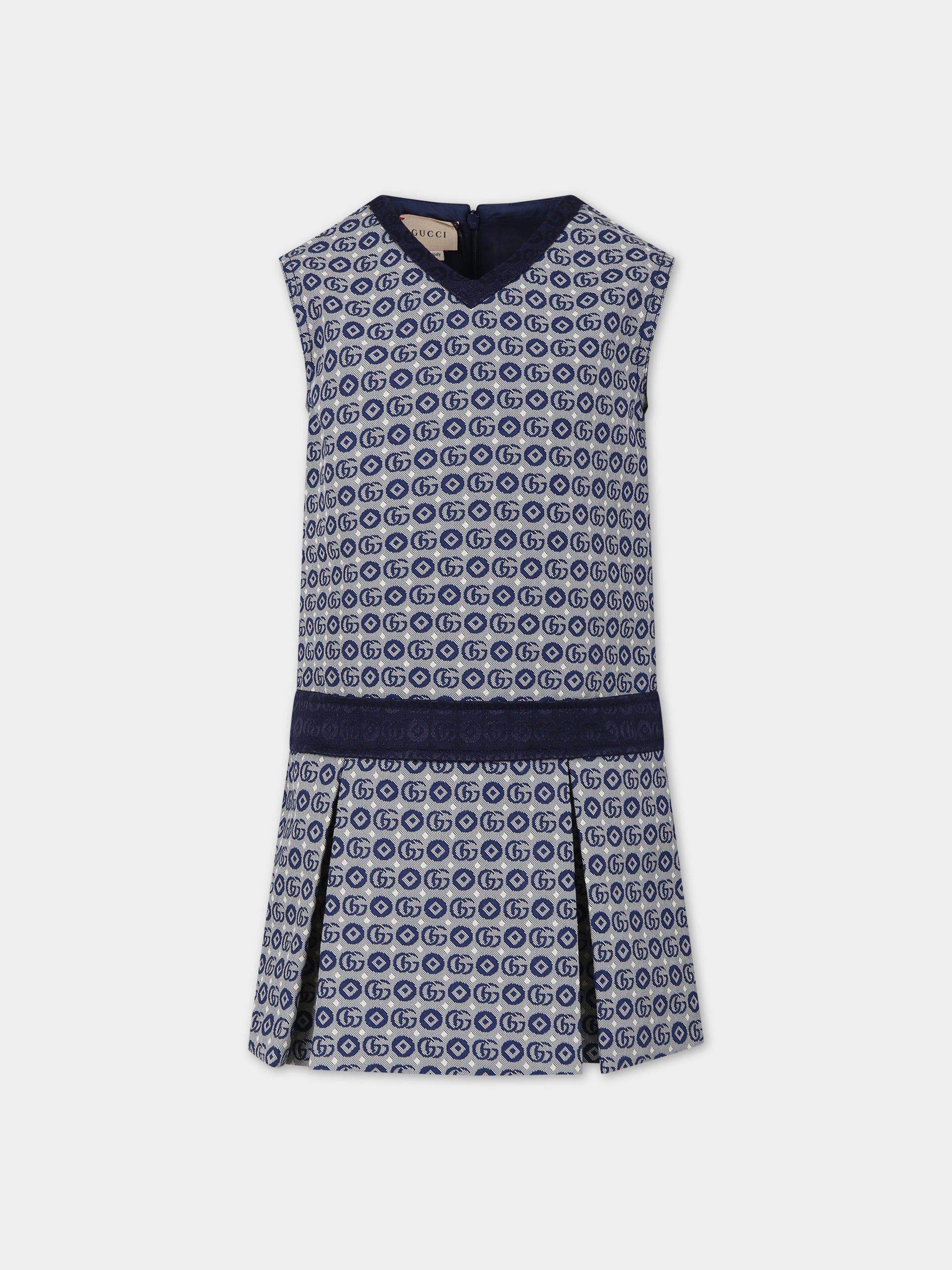 Vestito blu per bambina con motivo geometrico e doppia G,Gucci Kids,767802 XWATR 4262