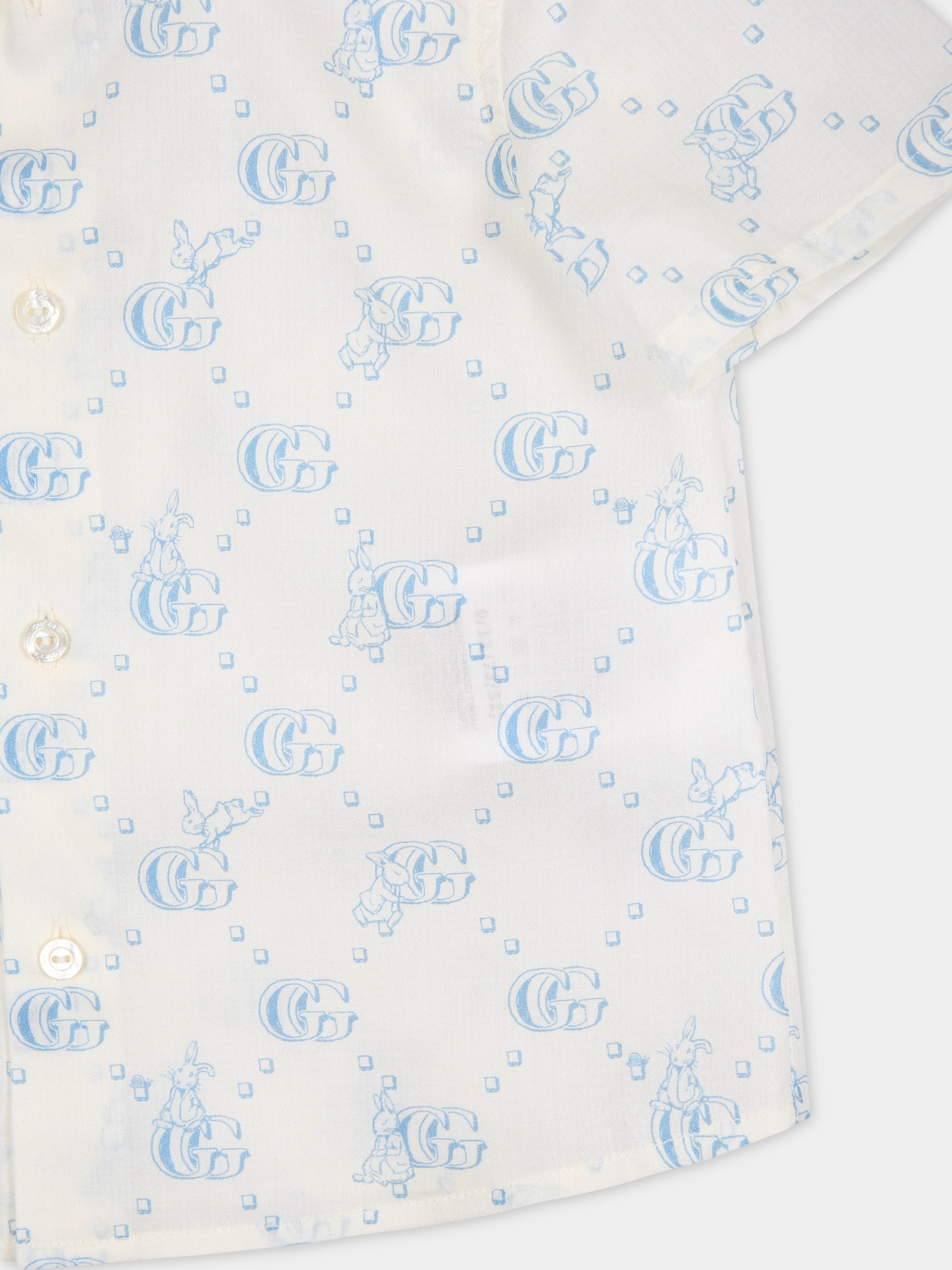 Camicia bianca per neonato con logo GG celeste e coniglio,Gucci Kids,770575 XWA0R 9183