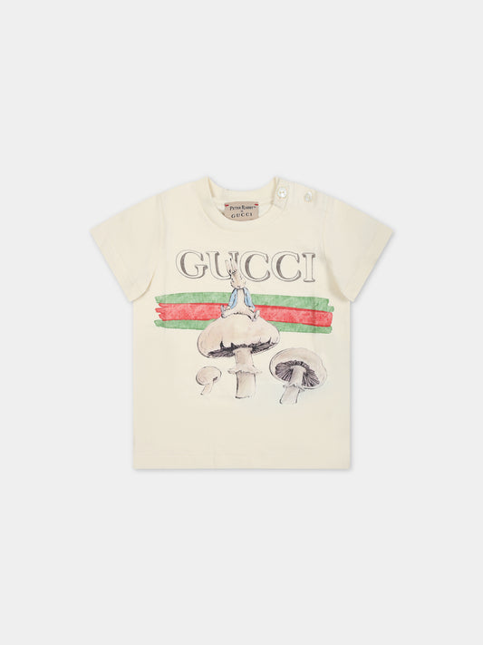 T-shirt avorio per neonato con funghi e Peter Rabbit,Gucci Kids,548034 XJF6A 9247