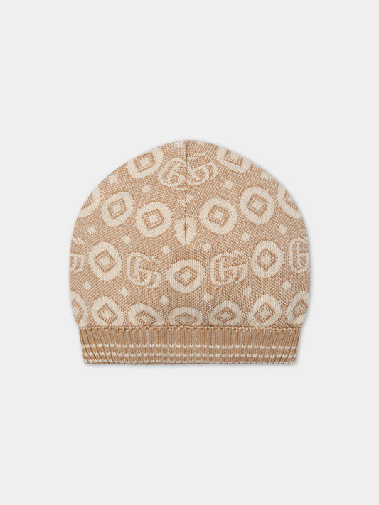 Cappello beige per neonati con doppia G,Gucci Kids,769568 3K111 9678