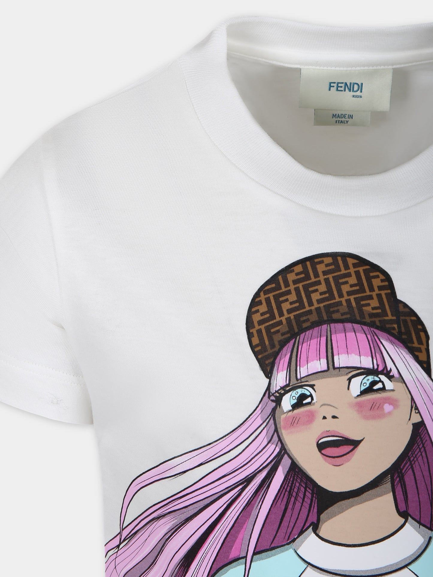 T-shirt bianca per bambina con stampa e FF,Fendi Kids,JFI346 7AJ F0TU9