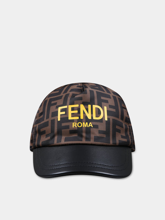 Cappello con visiera marrone per bambini con logo FF all-over,Fendi Kids,JUP004 AMRP F17QF