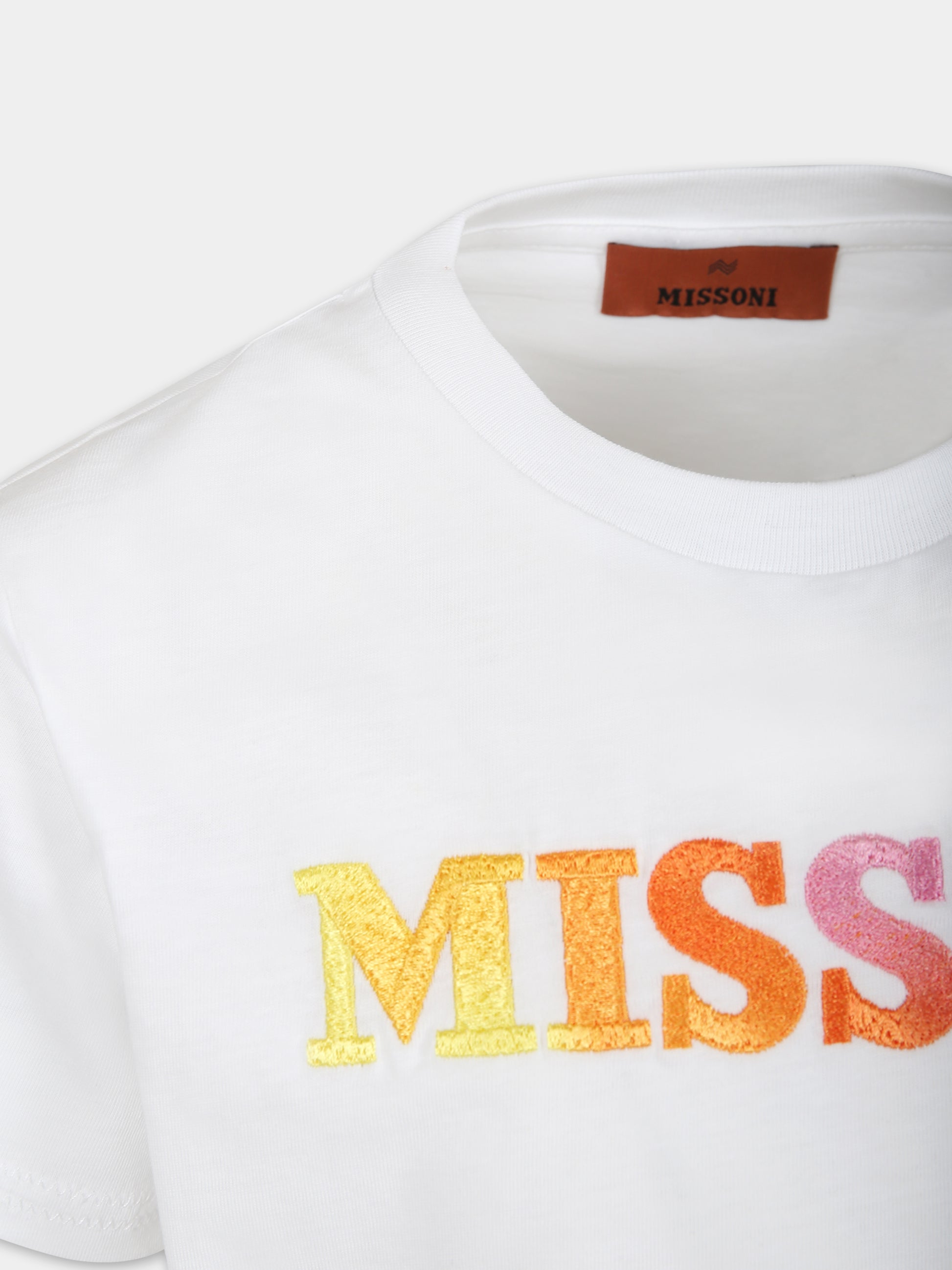 T-shirt bianca per bambina con logo ricamato,Missoni,MU8A81 Z0082 100