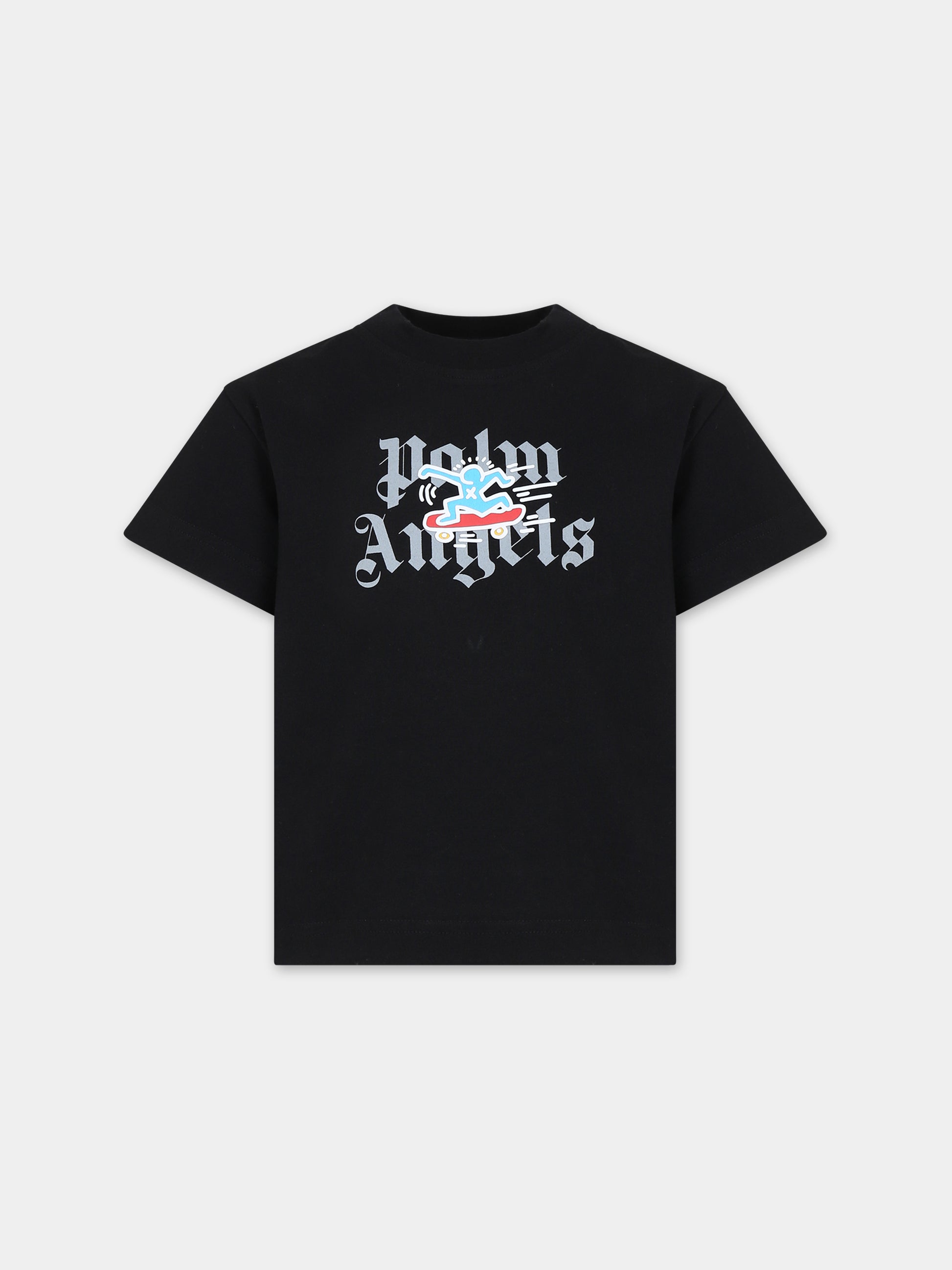T-shirt nera per bambino con logo e stampa,Palm Angels,PBAA003S24JER0061010