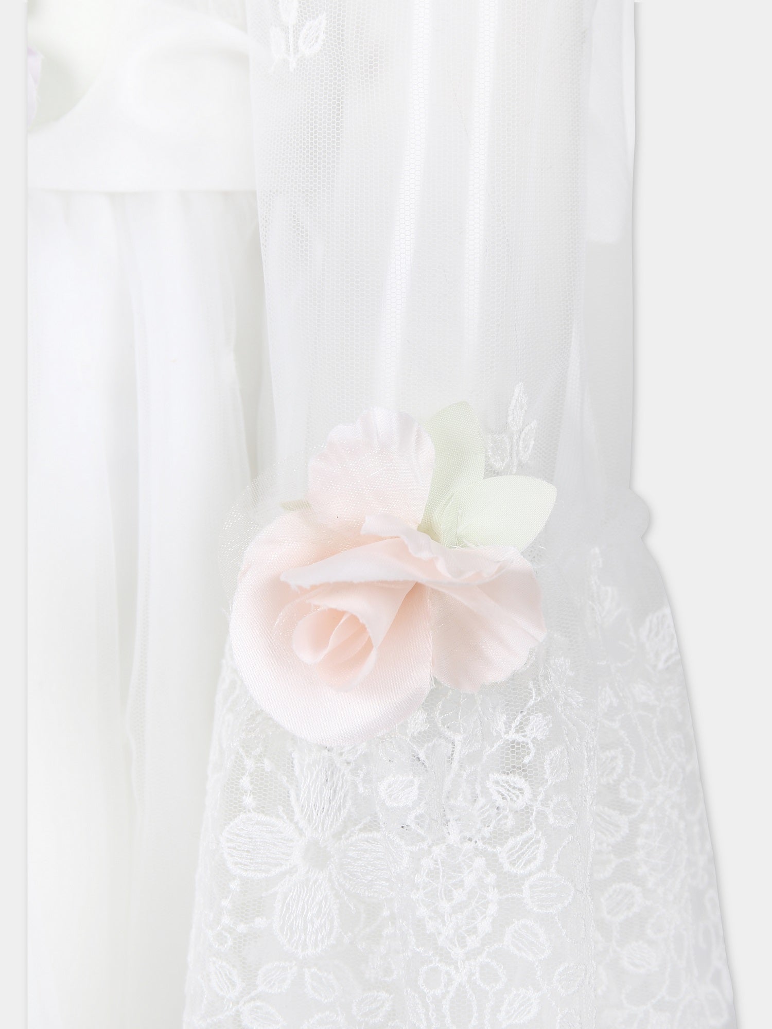 Vestito bianco per bambina con ricami e fiori,Monnalisa,71C914 3972 0001