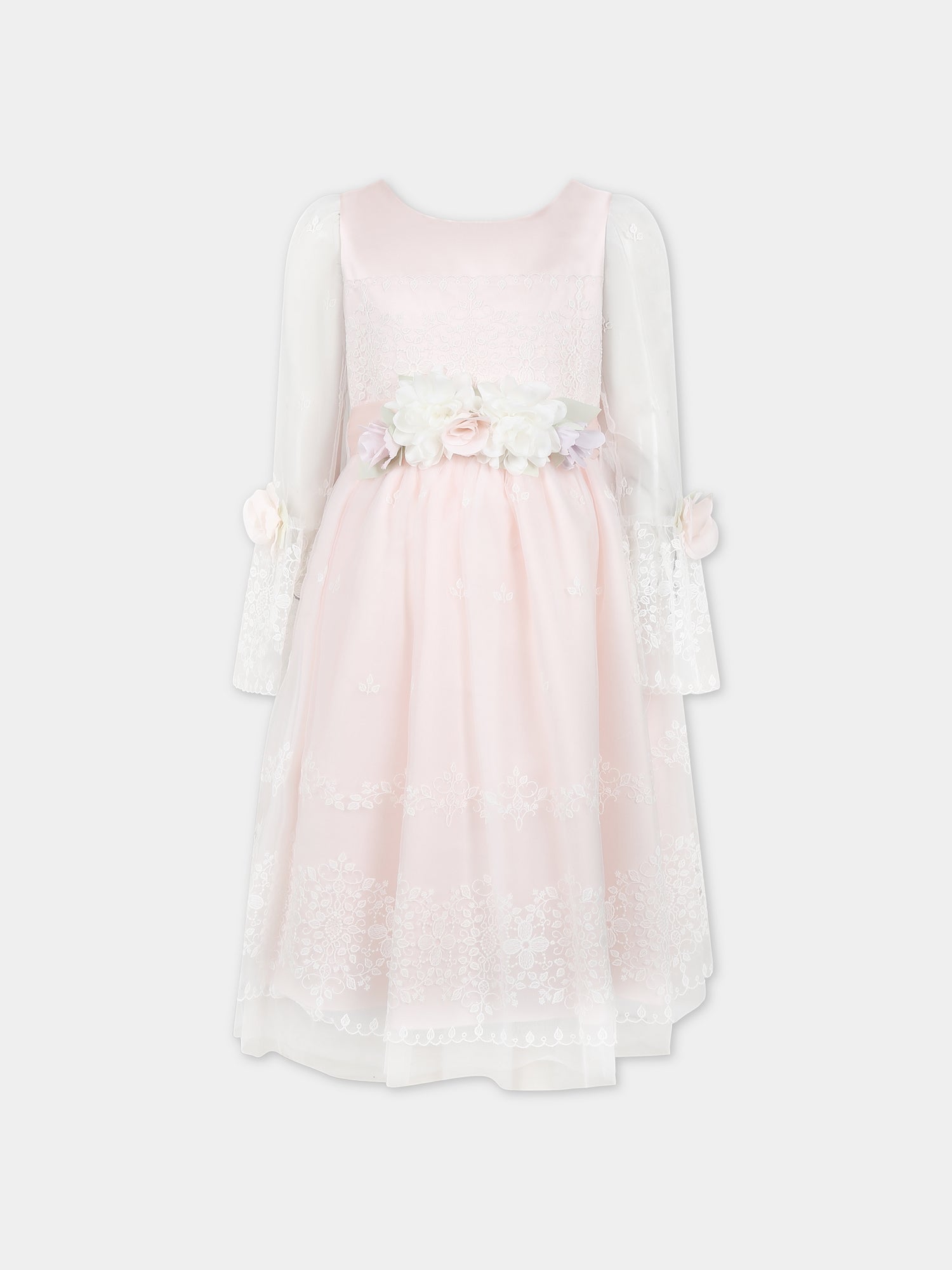 Vestito rosa per bambina con ricami e fiori,Monnalisa,71C914 3972 0092