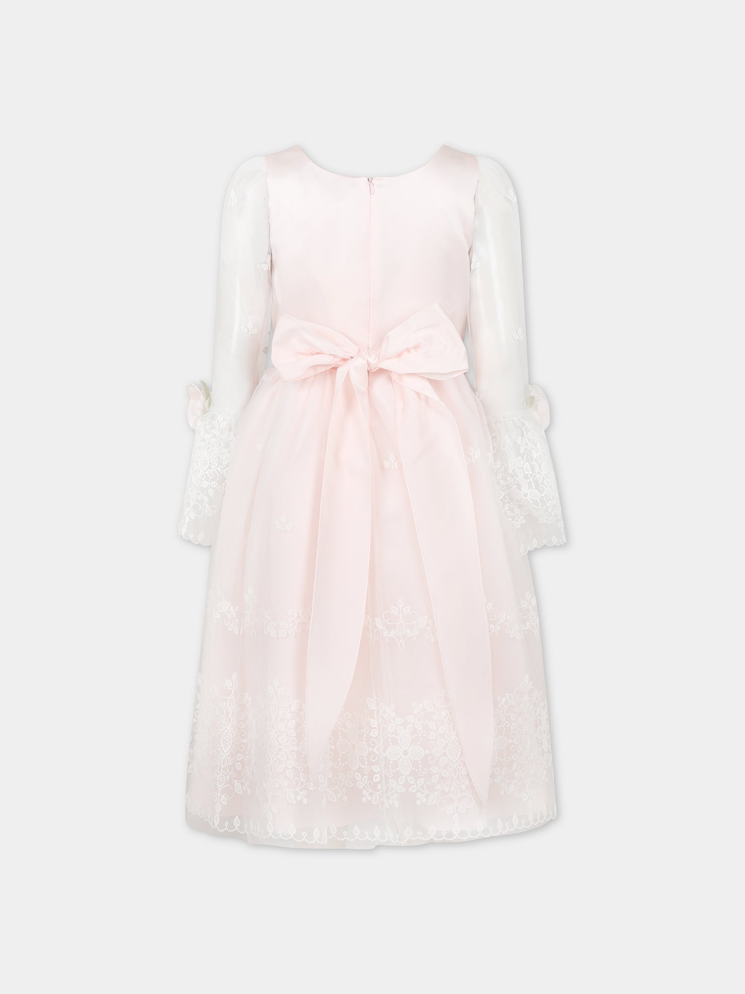 Vestito rosa per bambina con ricami e fiori,Monnalisa,71C914 3972 0092