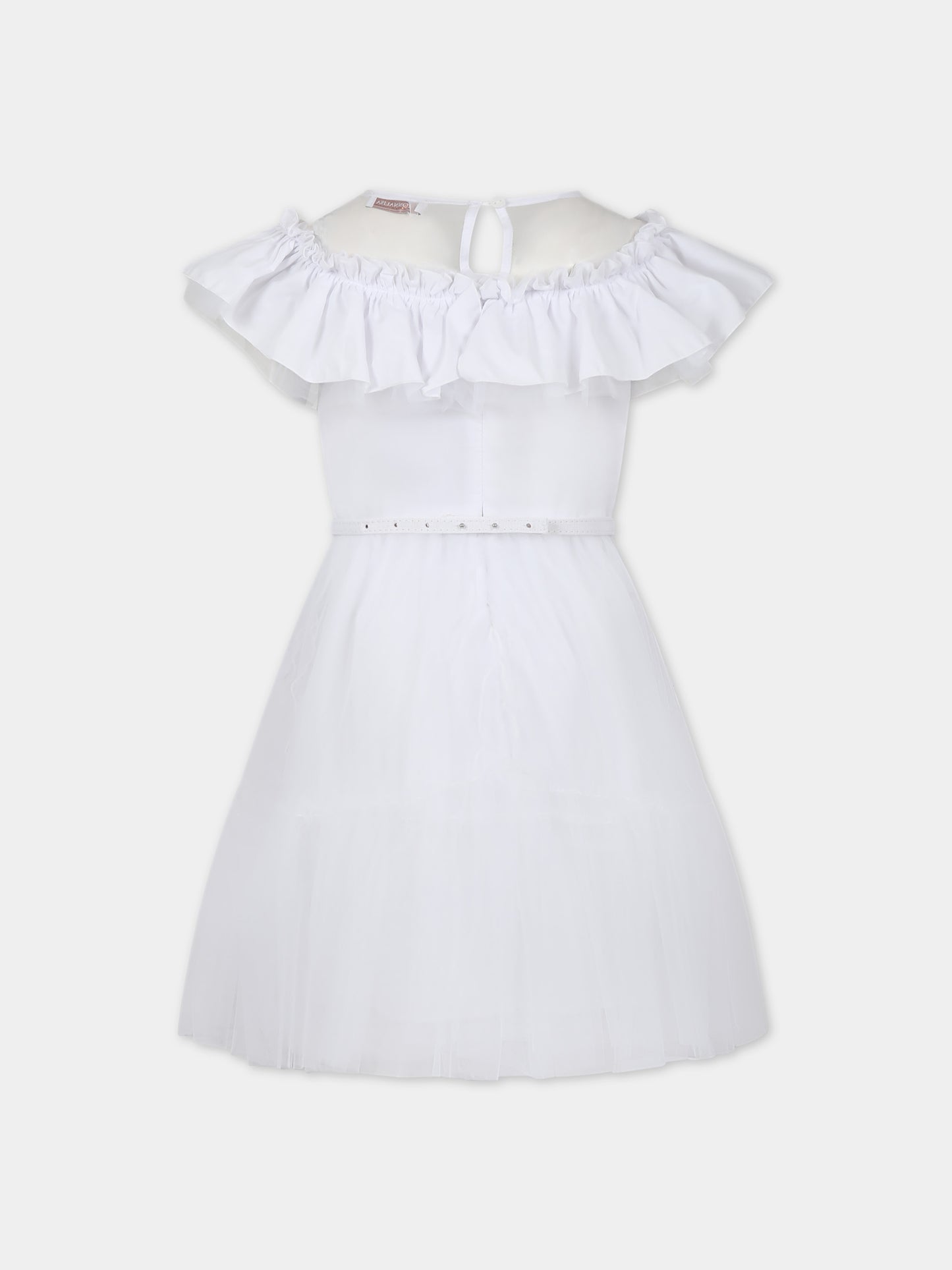 Vestito bianco per bambina con tulle e rouches,Monnalisa,17C905 T9945 0099