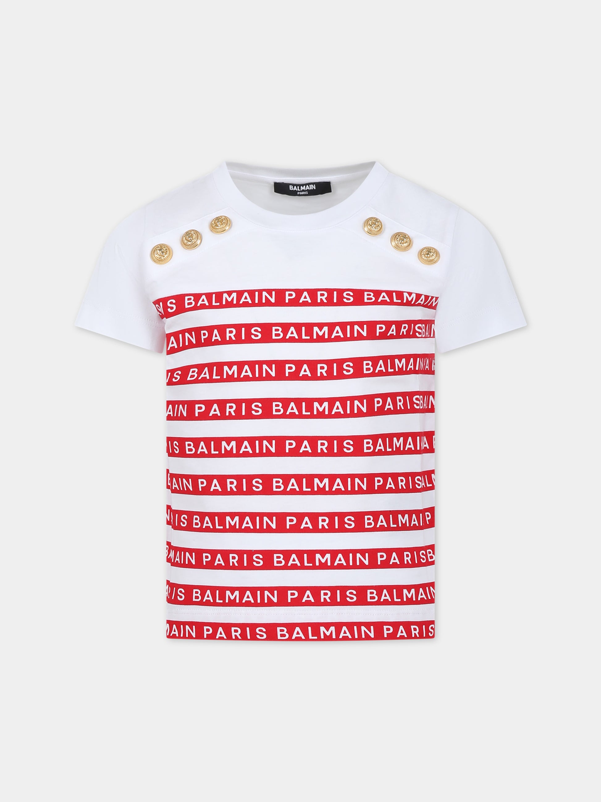 T-shirt bianca per bambina con righe rosse e logo,Balmain Kids,BU8A41 Z1911 100RO
