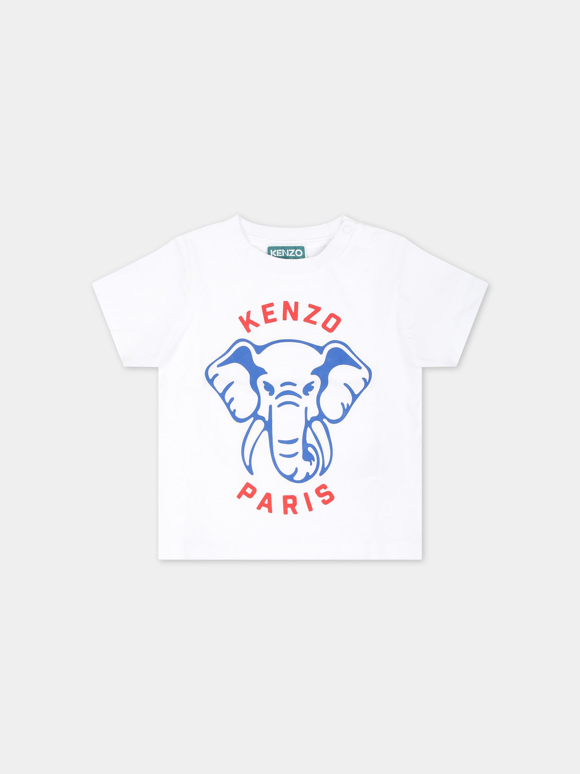T-shirt bianca per neonato con elefante e logo,Kenzo Kids,K60170 10P