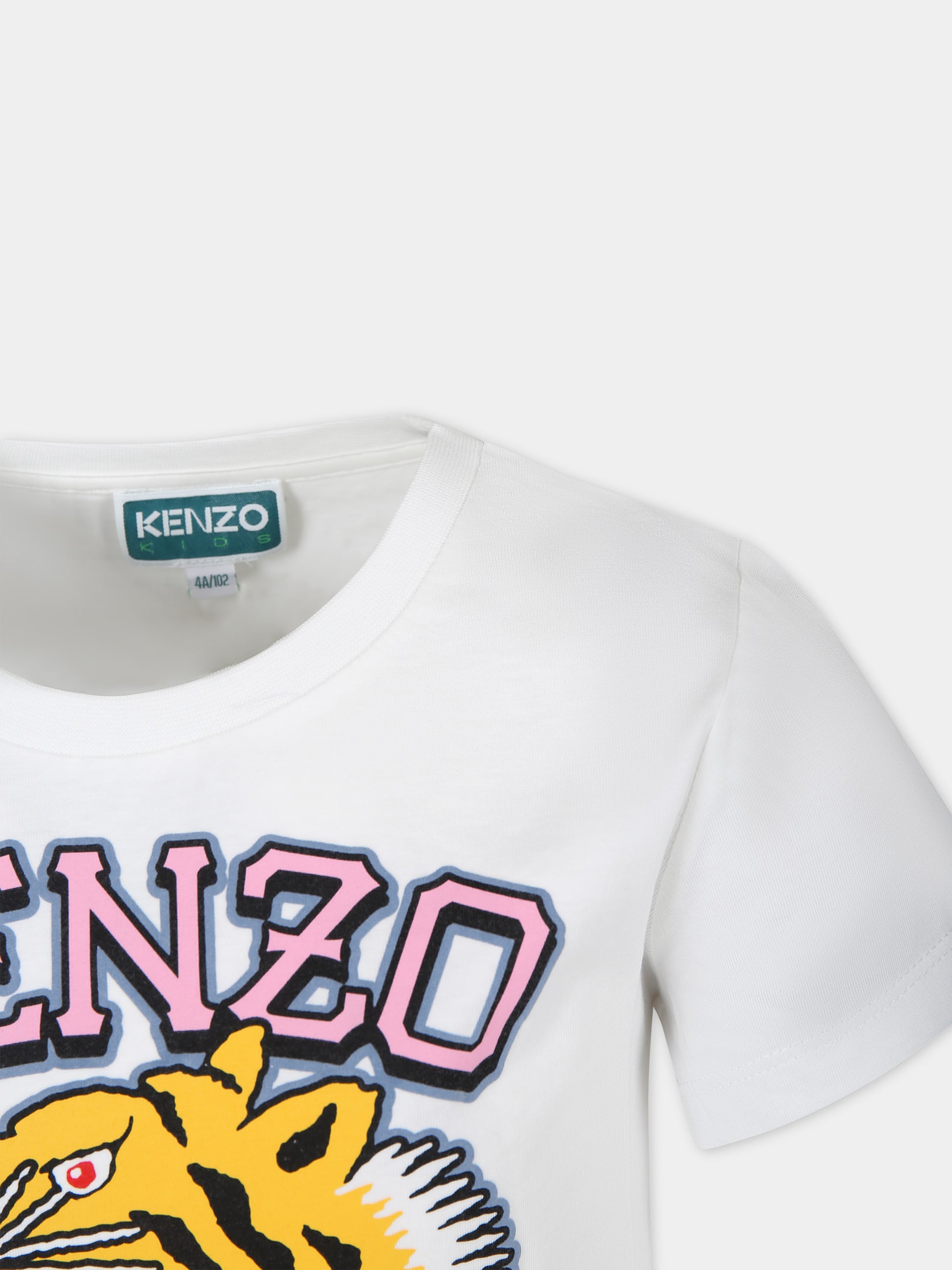T-shirt avorio per bambina con iconica tigre e logo,Kenzo Kids,K60264 12P