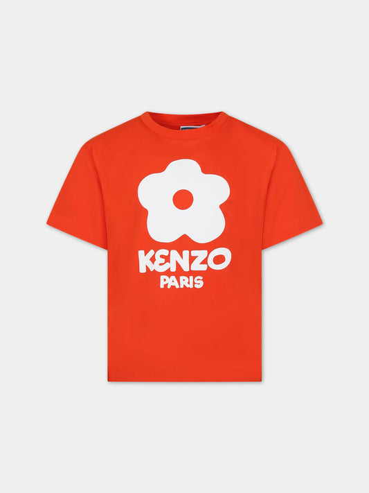 T-shirt rossa per bambina con fiore,Kenzo Kids,K60254 99A