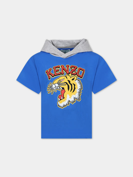 T-shirt azzurra per bambino con iconica tigre e logo,Kenzo Kids,K60356 878