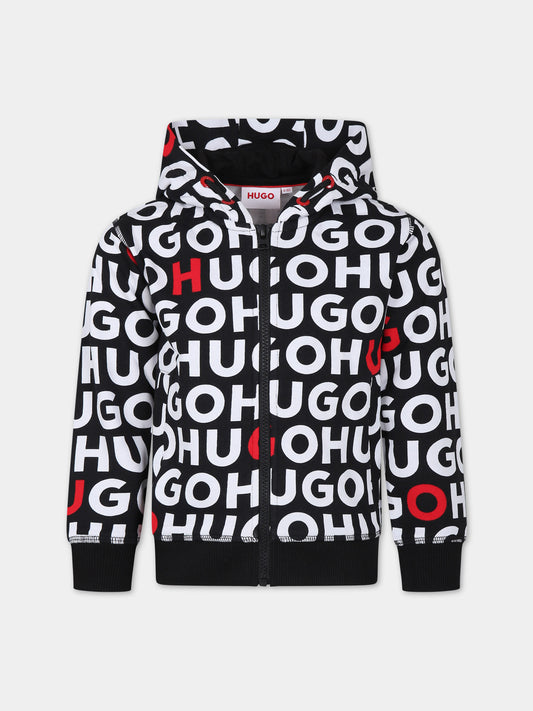 Felpa nera con cappuccio per bambino con logo all-over,Hugo,G00029 M99