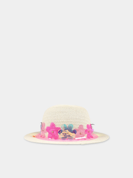 Cappello beige per bambina con fiori multicolor,Billieblush,U20338 499