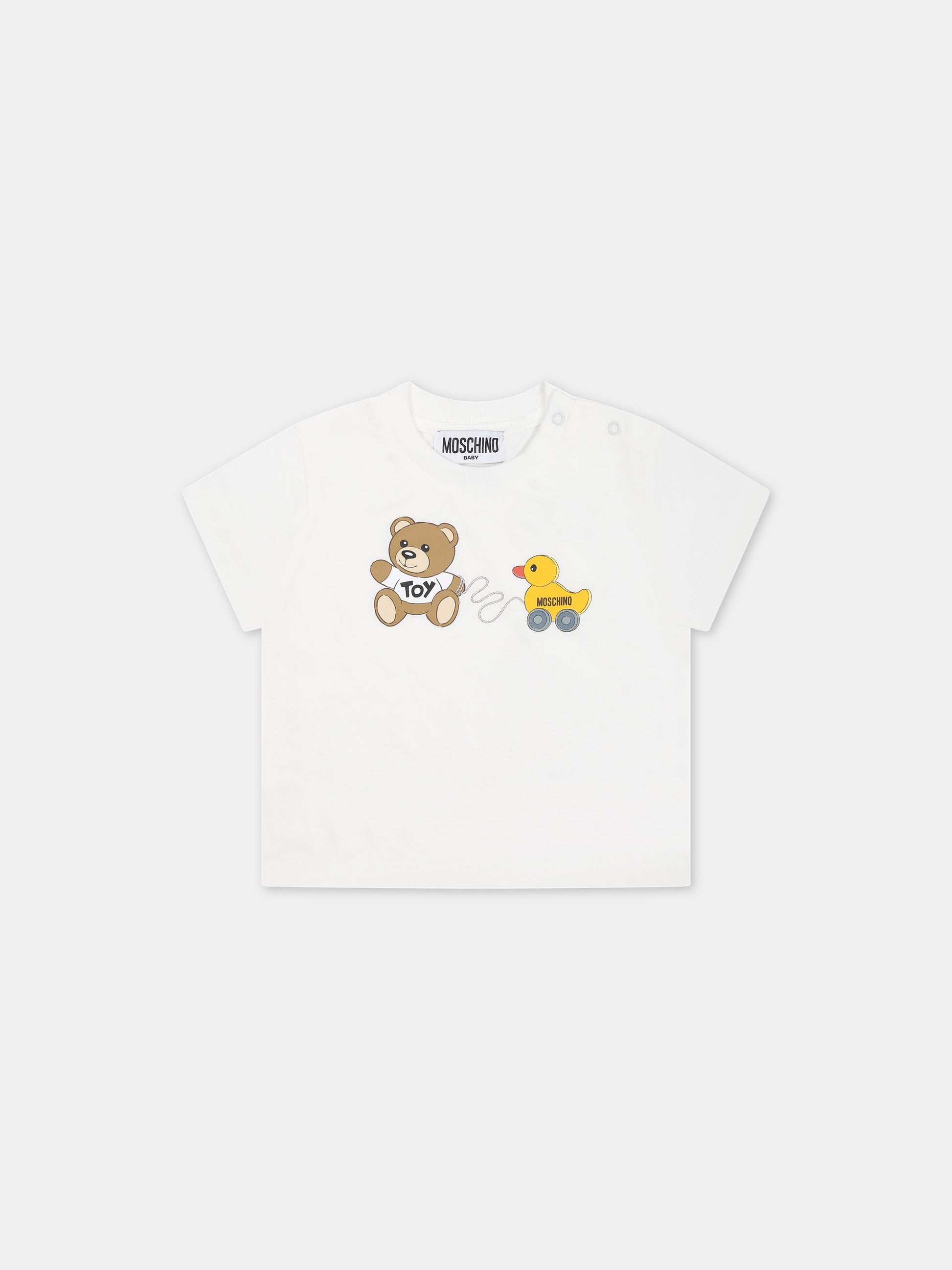 T-shirt bianca per neonati con Teddy Bear e paperella,Moschino Kids,MVM032 LAA03 10063