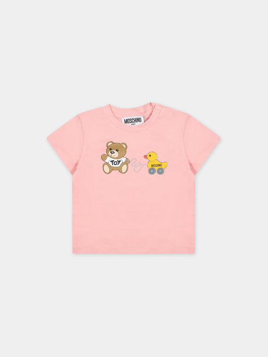 T-shirt bianca per neonata con Teddy Bear e paperella,Moschino Kids,MVM032 LAA03 50209