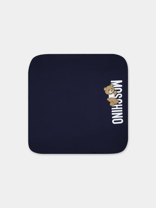 Coperta blu per neonati con Teddy Bear e logo,Moschino Kids,M8B005 LCA30 40016