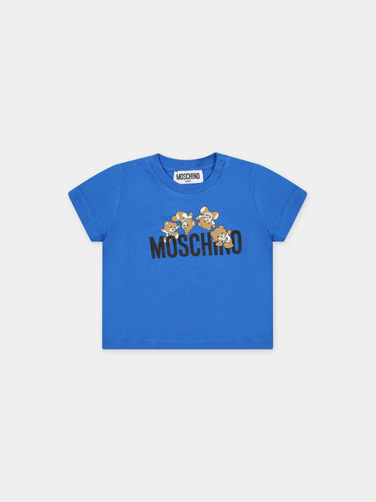 T-shirt blu per neonato con Teddy Bears e logo,Moschino Kids,MWM032 LAA03 40289