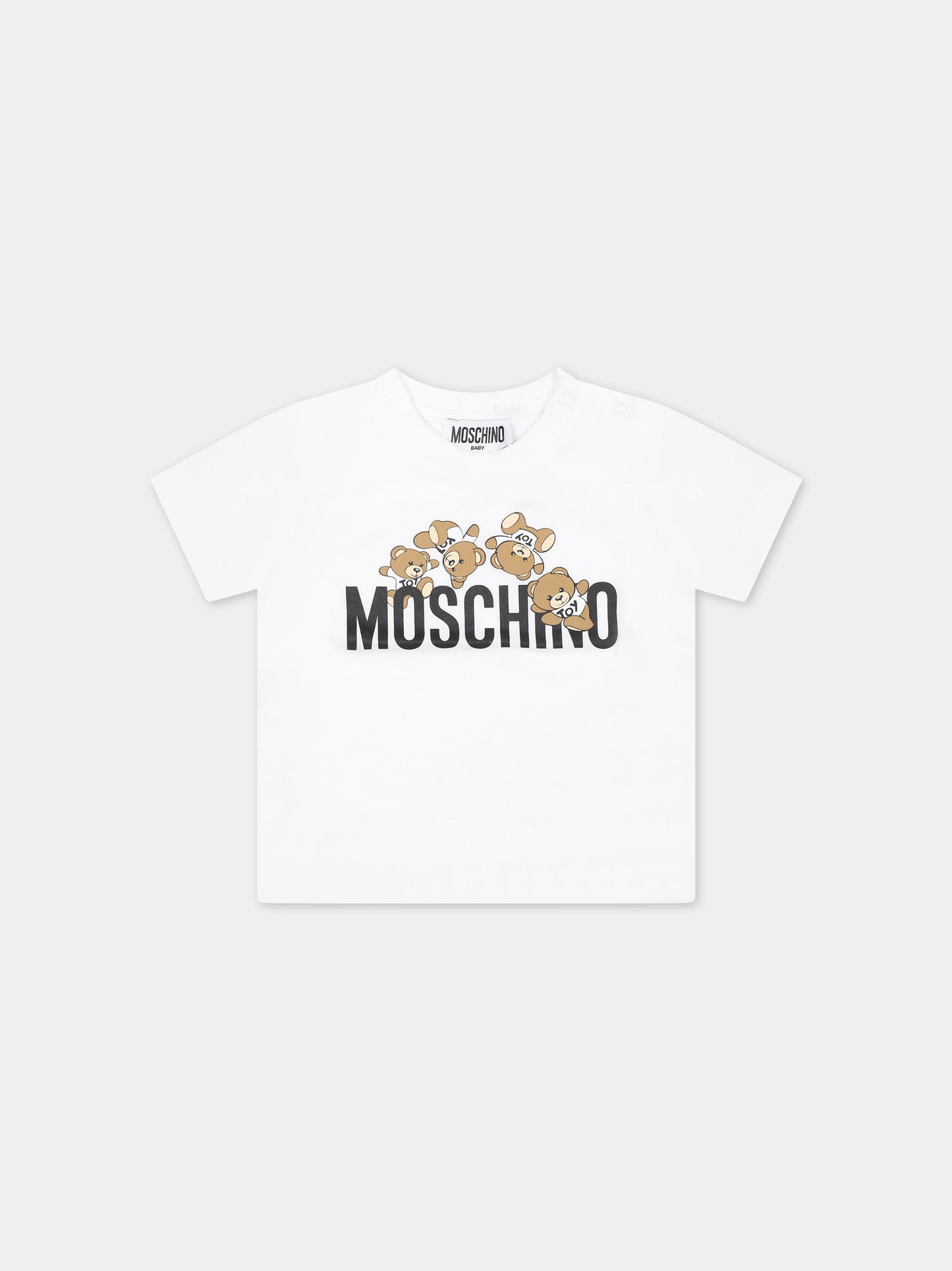 T-shirt bianca per neonato con Teddy Bears e logo,Moschino Kids,MWM032 LAA03 10101