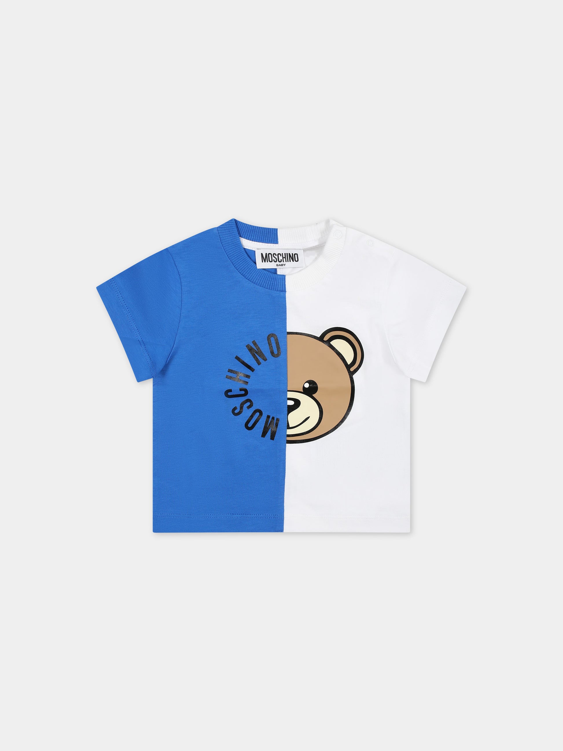 T-shirt blu per neonati con Teddy bear e logo,Moschino Kids,MUM03R LAA02 83526