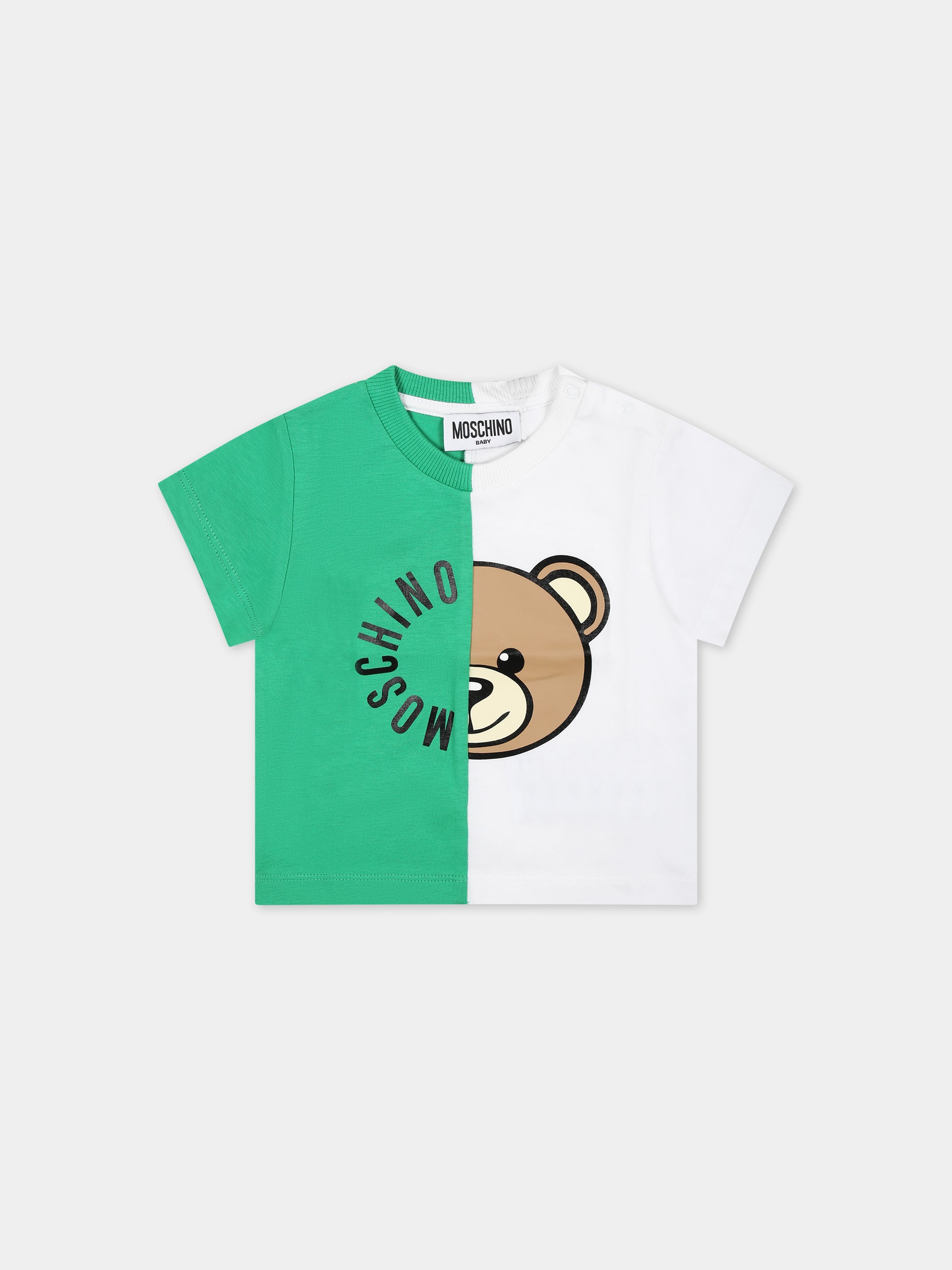 T-shirt verde per neonati con Teddy bear e logo,Moschino Kids,MUM03R LAA02 30321