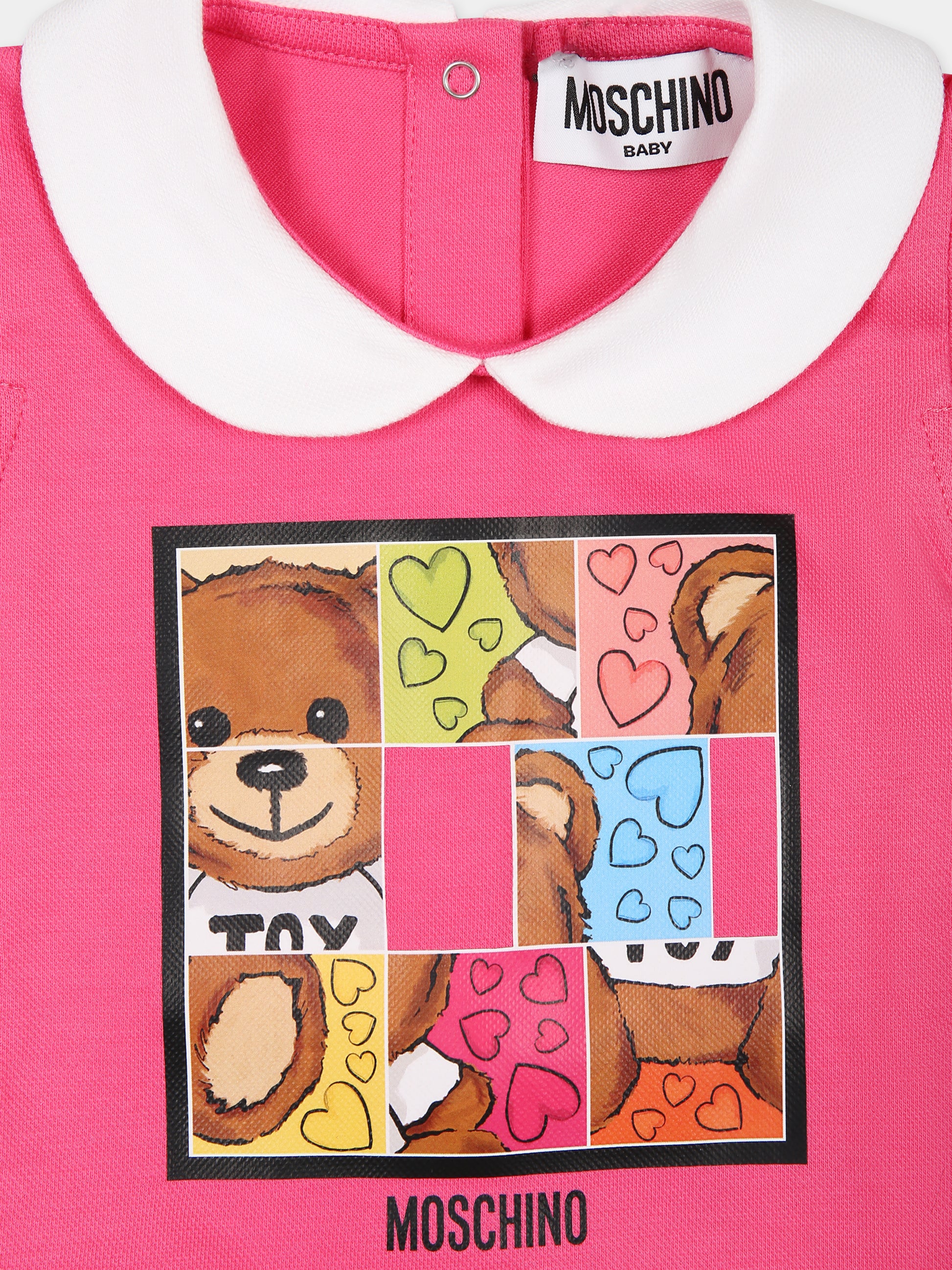 Vestito fucsia per neonata con Teddy Bear multicolor,Moschino Kids,MDV0B2 LFA03 50580