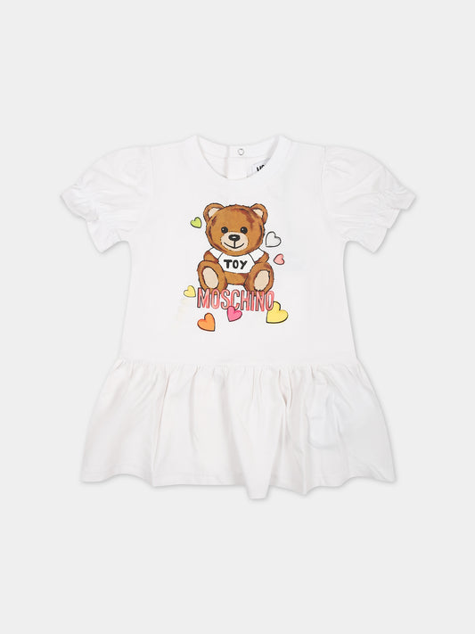 Vestito bianco per neonata con stampa Teddy Bear,Moschino Kids,MDV0B5 LBA10 10101