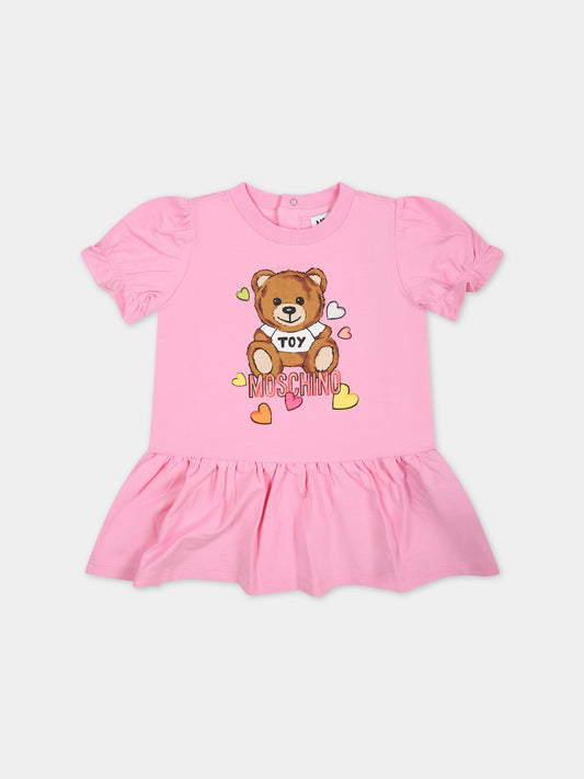Vestito rosa per neonata con stampa Teddy Bear,Moschino Kids,MDV0B5 LBA10 50206