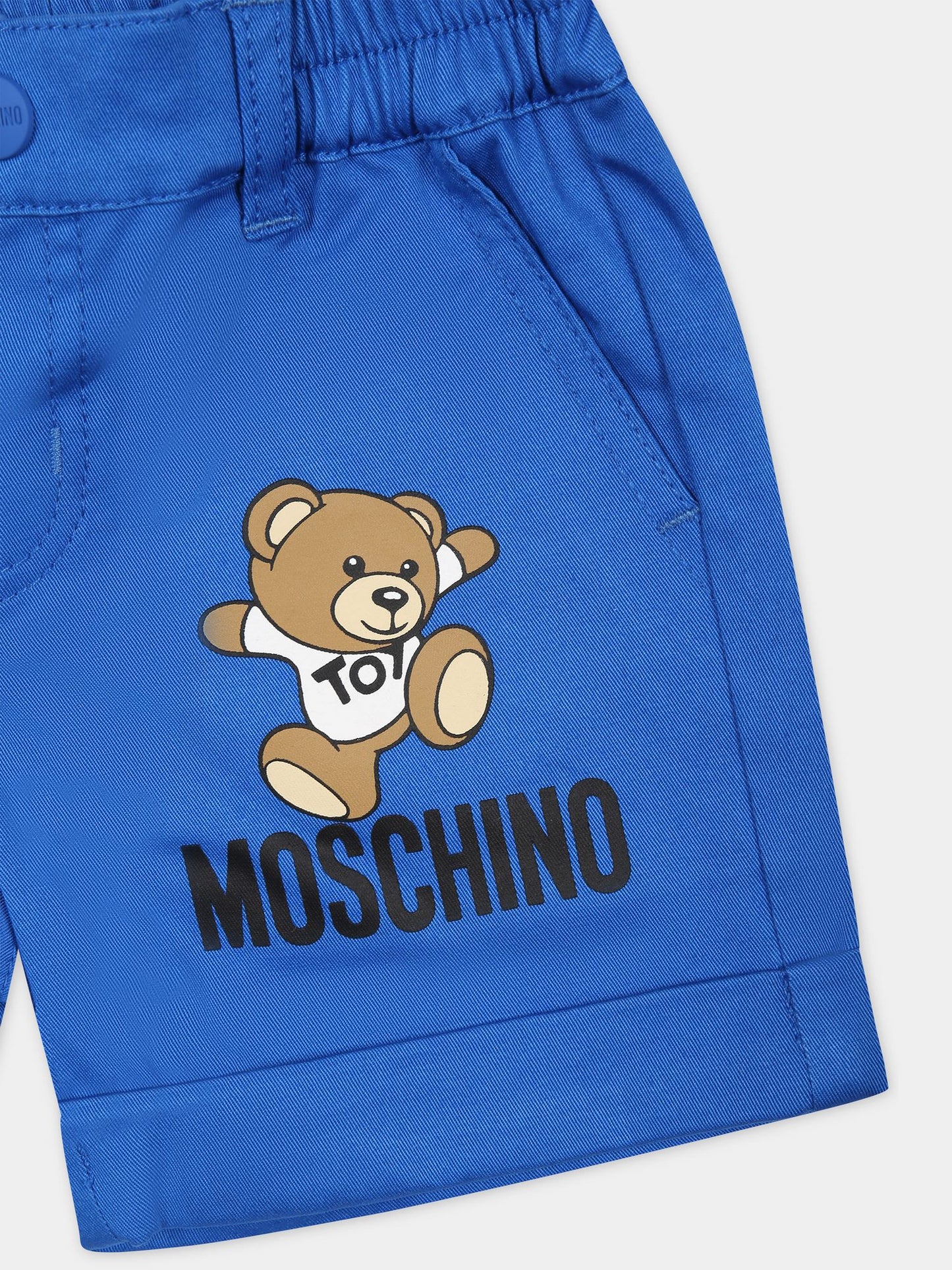 Shorts azzurro per neonato con Teddy Bear e logo,Moschino Kids,MUQ012 LPA01 40289