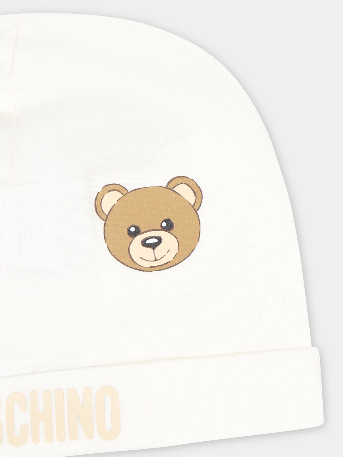 Cappello bianco per neonato con logo e Teddy Bear,Moschino Kids,MYX031 LBA00 10063
