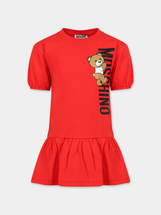 Vestito rosso per bambina con Teddy Bear e logo,Moschino Kids,HAV0CQ LDA25 50109
