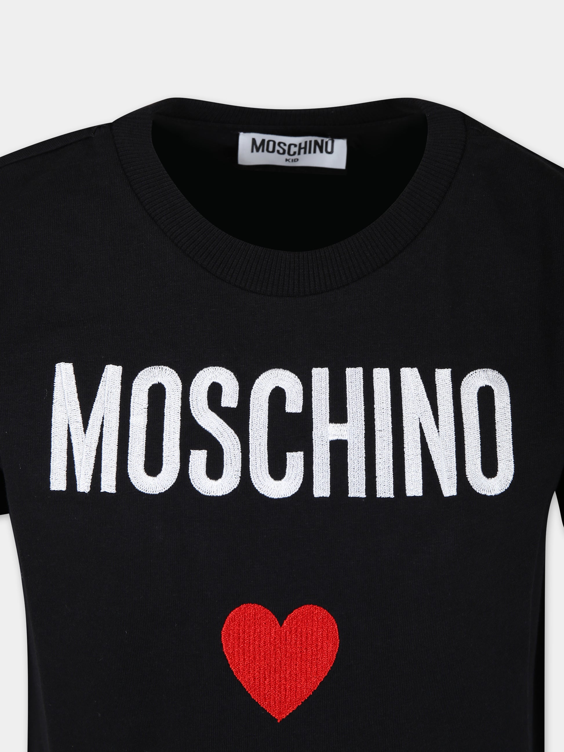T-shirt nera per bambina con logo e cuore rosso,Moschino Kids,HOM04K LAA22 60100